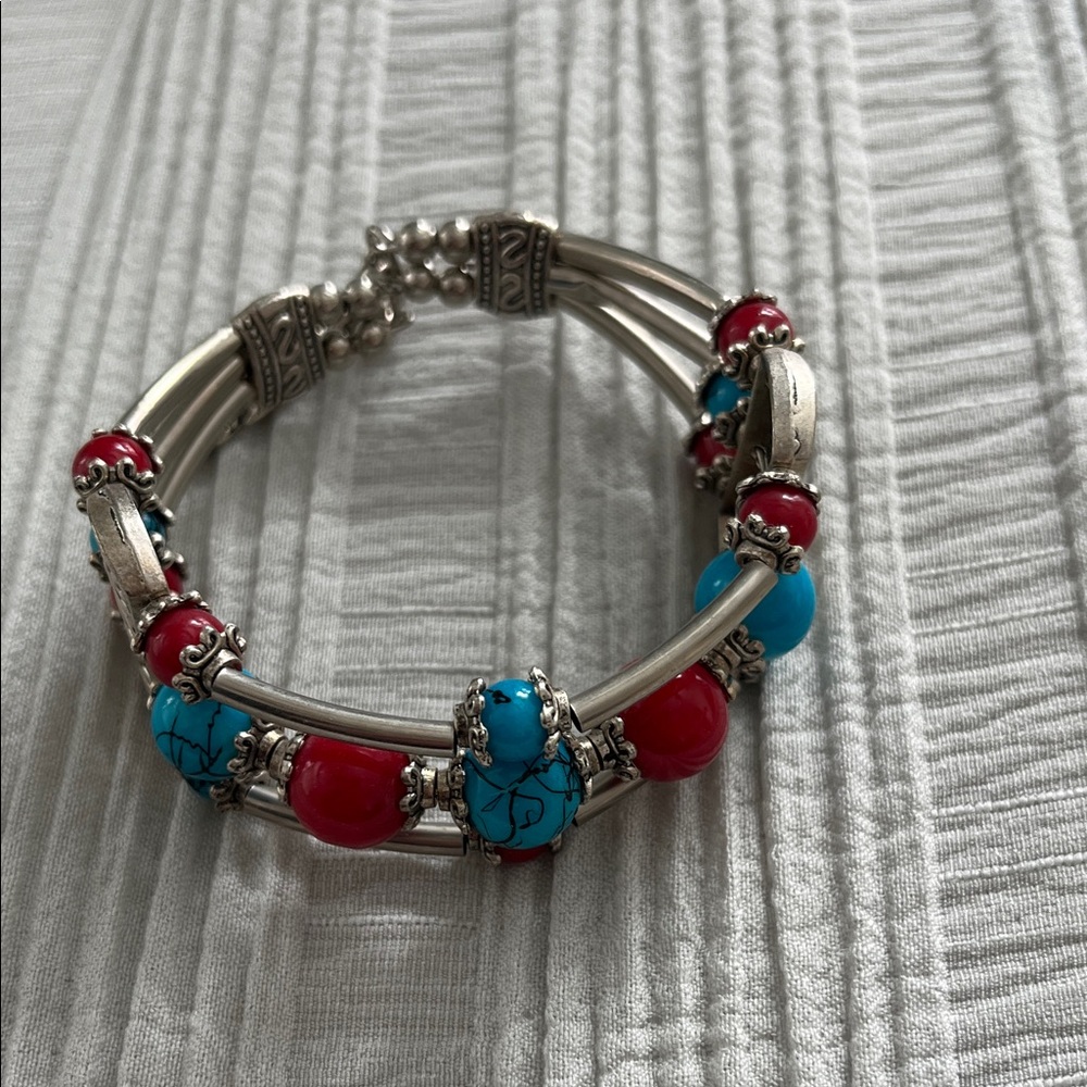 Silver and Red Beaded Bracelet